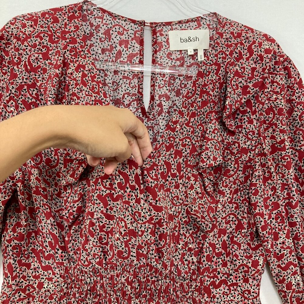 Ba&sh size Medium Red Abstract Floral Ruffle V Neck Wide Leg Cloy Jumpsuit - Picture 5 of 12